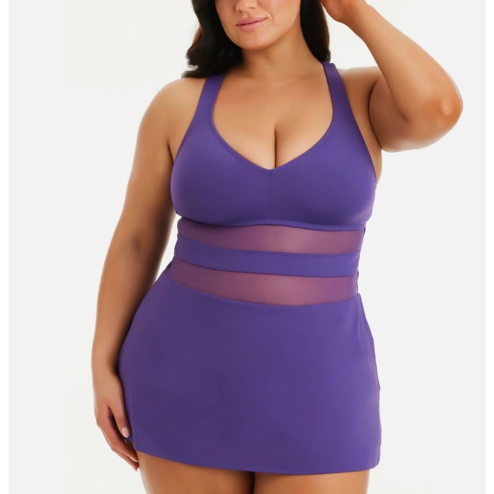 Bleu Rod Beattie 10308 Swim Dress 16W Purple Mesh One Piece Swimsuit